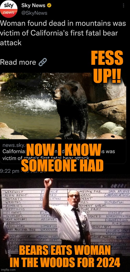 CONFESS!! | FESS UP!! NOW I KNOW SOMEONE HAD; BEARS EATS WOMAN IN THE WOODS FOR 2024 | image tagged in who had x for y,california,memes | made w/ Imgflip meme maker