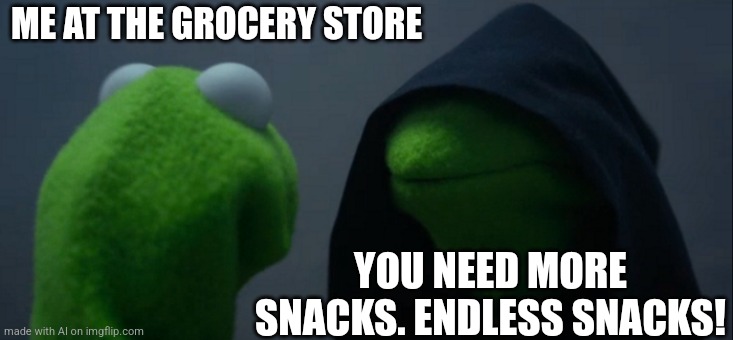 The Grocery Store | ME AT THE GROCERY STORE; YOU NEED MORE SNACKS. ENDLESS SNACKS! | image tagged in memes,evil kermit | made w/ Imgflip meme maker