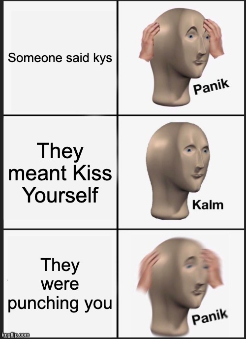 Dont KYS | Someone said kys; They meant Kiss Yourself; They were punching you | image tagged in memes,panik kalm panik | made w/ Imgflip meme maker