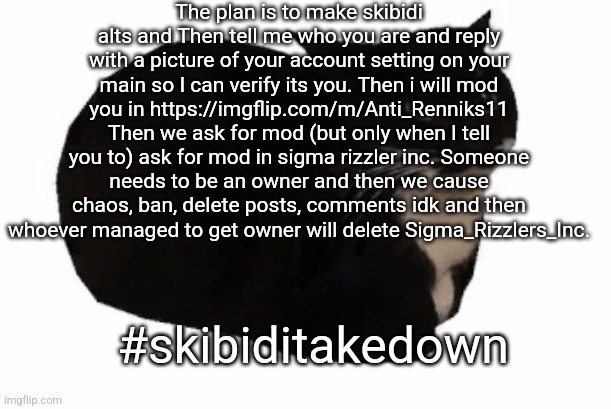 Operation Skibidi take down | The plan is to make skibidi alts and Then tell me who you are and reply with a picture of your account setting on your main so I can verify its you. Then i will mod you in https://imgflip.com/m/Anti_Renniks11 Then we ask for mod (but only when I tell you to) ask for mod in sigma rizzler inc. Someone needs to be an owner and then we cause chaos, ban, delete posts, comments idk and then whoever managed to get owner will delete Sigma_Rizzlers_Inc. #skibiditakedown | image tagged in maxwell the cat | made w/ Imgflip meme maker