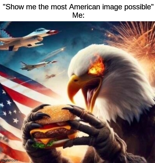 *eagle screeching noise* | "Show me the most American image possible"
Me: | image tagged in memes,funny,america | made w/ Imgflip meme maker