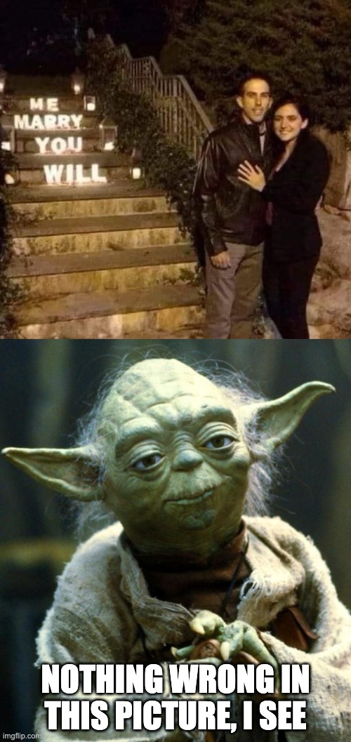 fine, everything is | NOTHING WRONG IN THIS PICTURE, I SEE | image tagged in memes,star wars yoda,marry me | made w/ Imgflip meme maker