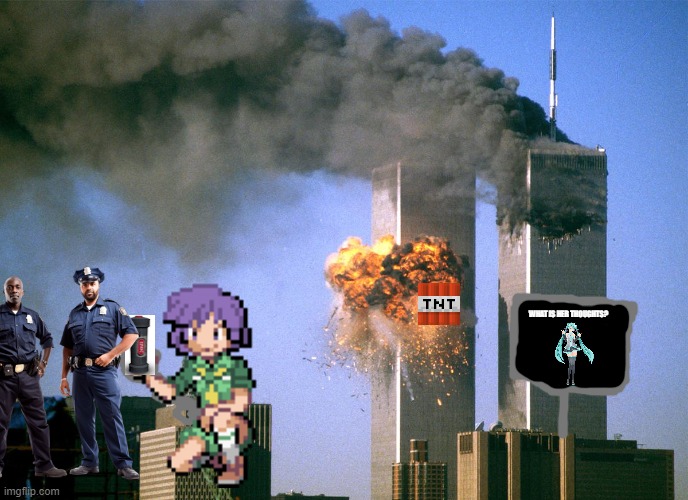 Bugsy did 9/11 | WHAT IS HER THOUGHTS? | image tagged in 911 9/11 twin towers impact,bugsy,hatsune miku,miku,9/11 | made w/ Imgflip meme maker