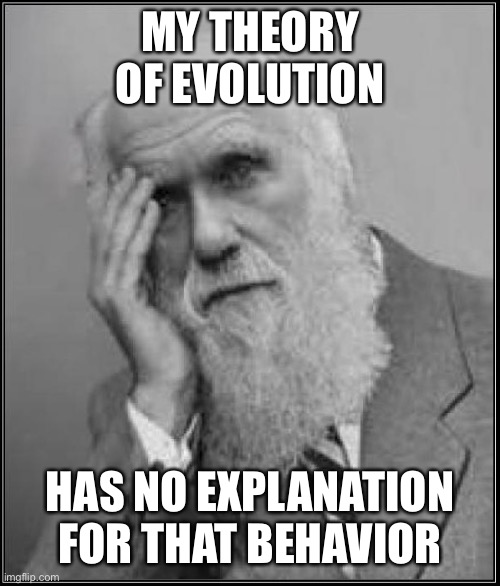 darwin facepalm | MY THEORY OF EVOLUTION HAS NO EXPLANATION FOR THAT BEHAVIOR | image tagged in darwin facepalm | made w/ Imgflip meme maker
