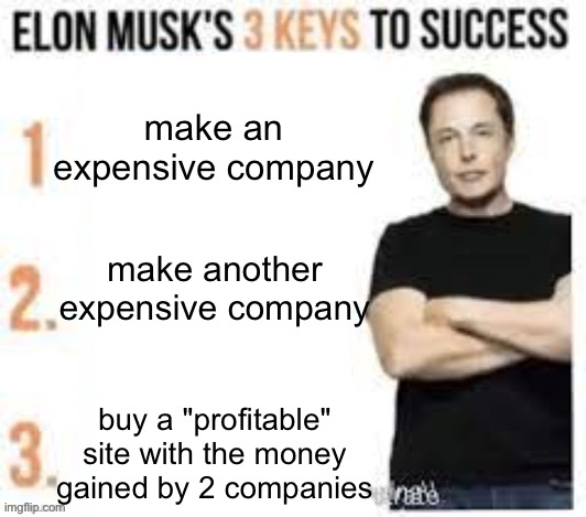 so true | make an expensive company; make another expensive company; buy a "profitable" site with the money gained by 2 companies | image tagged in elon musks three keys to success | made w/ Imgflip meme maker