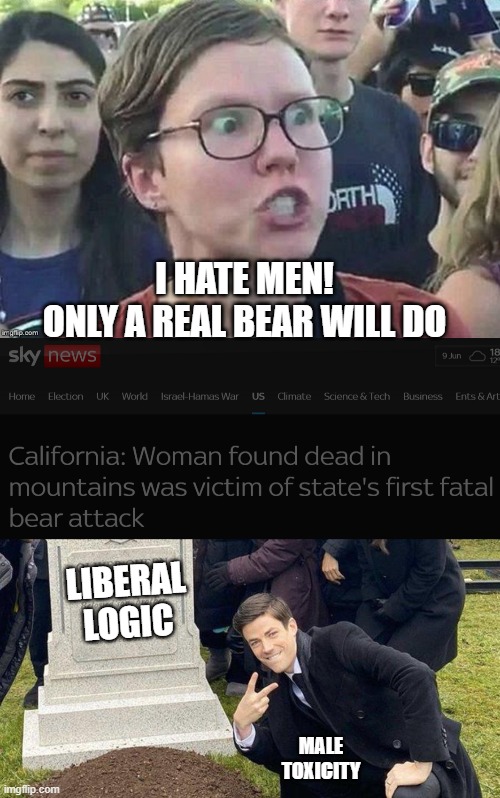 Bear Your Logic | I HATE MEN!
ONLY A REAL BEAR WILL DO; LIBERAL LOGIC; MALE TOXICITY | image tagged in meme angry woman,leftists,liberals | made w/ Imgflip meme maker