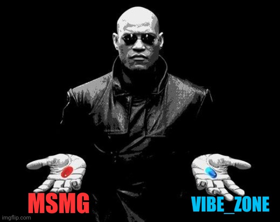 Choose your pill | VIBE_ZONE; MSMG | image tagged in matrix morpheus offer | made w/ Imgflip meme maker