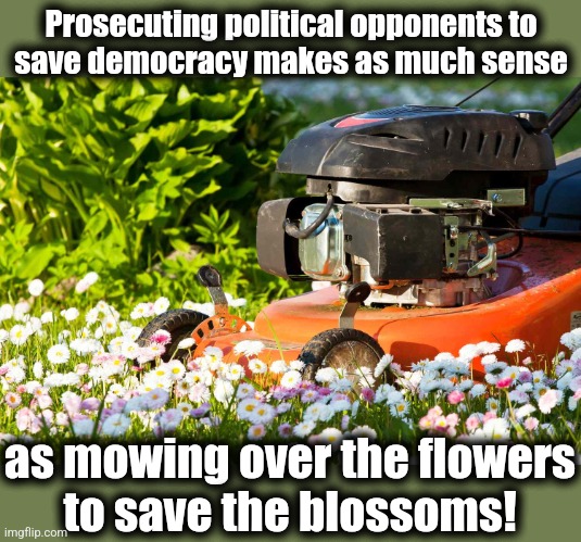 Prosecuting political opponents to
save democracy makes as much sense; as mowing over the flowers
to save the blossoms! | image tagged in memes,democrats,democracy,joe biden,mowing over the flowers,corruption | made w/ Imgflip meme maker
