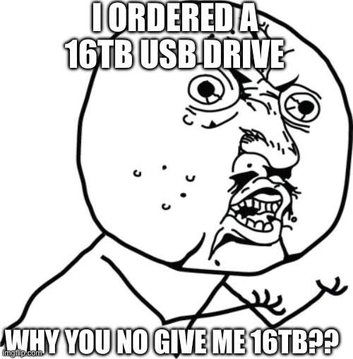 I bought a 16TB USB on AliExpress but it was only 56GB | I ORDERED A 16TB USB DRIVE; WHY YOU NO GIVE ME 16TB?? | image tagged in y u no guy,16tb,usb,scam | made w/ Imgflip meme maker