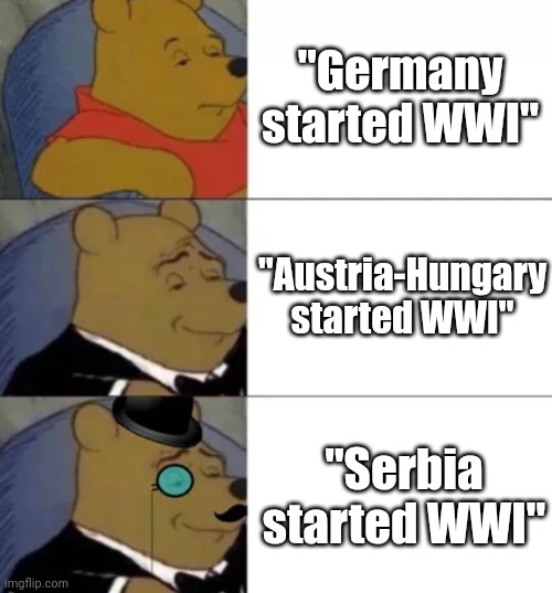 Who started World War I? | "Germany started WWI"; "Austria-Hungary started WWI"; "Serbia started WWI" | image tagged in fancy pooh,memes,world war i,germany,austria,serbia | made w/ Imgflip meme maker
