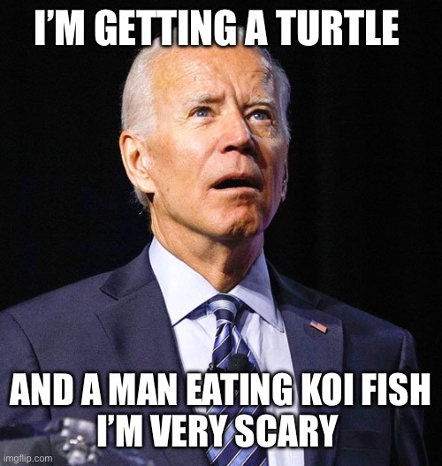 Joe Biden | I’M GETTING A TURTLE; AND A MAN EATING KOI FISH
I’M VERY SCARY | image tagged in joe biden | made w/ Imgflip meme maker
