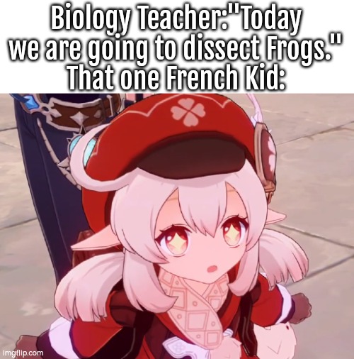 Lucky day for that french kid. | Biology Teacher:"Today we are going to dissect Frogs."
That one French Kid: | image tagged in frogs,french,funny | made w/ Imgflip meme maker