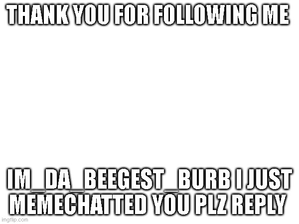 this is for the mod | THANK YOU FOR FOLLOWING ME; IM_DA_BEEGEST_BURB I JUST MEMECHATTED YOU PLZ REPLY | image tagged in pointless,not a meme,happy | made w/ Imgflip meme maker