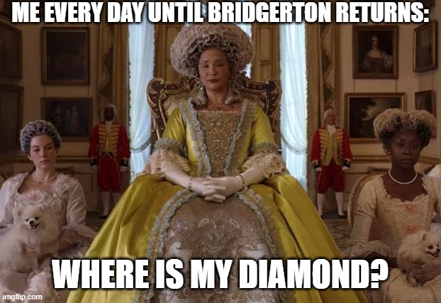 Where is my diamond? | ME EVERY DAY UNTIL BRIDGERTON RETURNS:; WHERE IS MY DIAMOND? | image tagged in bridgerton queen charlotte | made w/ Imgflip meme maker