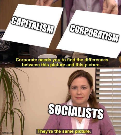 They are the same picture | CAPITALISM; CORPORATISM; SOCIALISTS | image tagged in they are the same picture,communist,capitalism,corporate | made w/ Imgflip meme maker
