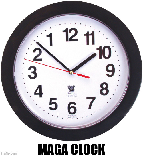 MAGA CLOCK | image tagged in maga,trump,backwards,clock | made w/ Imgflip meme maker