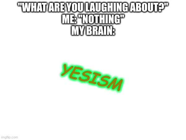 All you can say is yes. I don't have to speak much more... | "WHAT ARE YOU LAUGHING ABOUT?"
ME: "NOTHING"
MY BRAIN:; YESISM | image tagged in hmmmmmmm,yes,suspicious | made w/ Imgflip meme maker