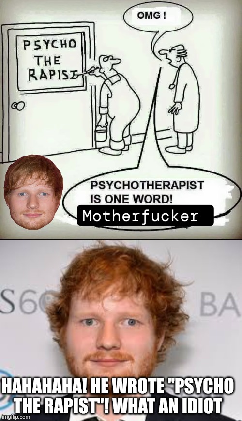 HAHAHAHA! HE WROTE "PSYCHO THE RAPIST"! WHAT AN IDIOT | image tagged in derpy ed sheeran | made w/ Imgflip meme maker