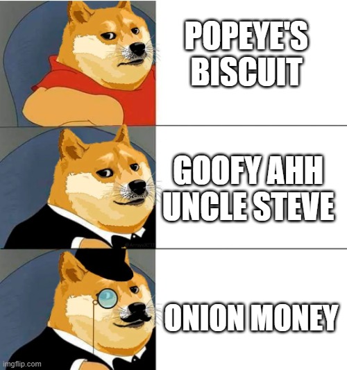 YT: @DegenDerek | POPEYE'S BISCUIT; GOOFY AHH UNCLE STEVE; ONION MONEY | image tagged in winnie the doge,degen derek,meme rap | made w/ Imgflip meme maker