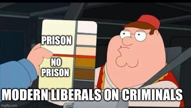 Modern | PRISON; NO PRISON; MODERN LIBERALS ON CRIMINALS | image tagged in peter griffin skin color chart race terrorist blank | made w/ Imgflip meme maker
