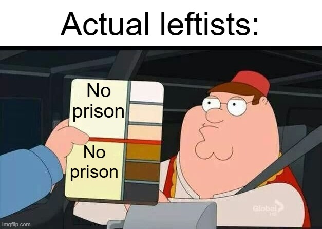 Peter Griffin skin color chart race terrorist blank | No prison No prison Actual leftists: | image tagged in peter griffin skin color chart race terrorist blank | made w/ Imgflip meme maker