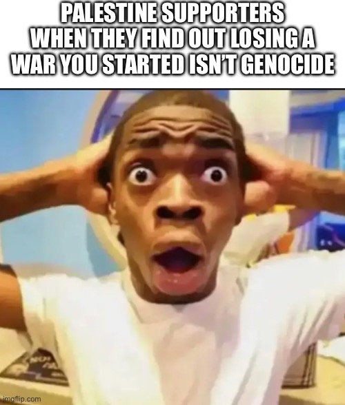 Palestine supporters when | PALESTINE SUPPORTERS WHEN THEY FIND OUT LOSING A WAR YOU STARTED ISN’T GENOCIDE | image tagged in blank white template,surprised black guy | made w/ Imgflip meme maker
