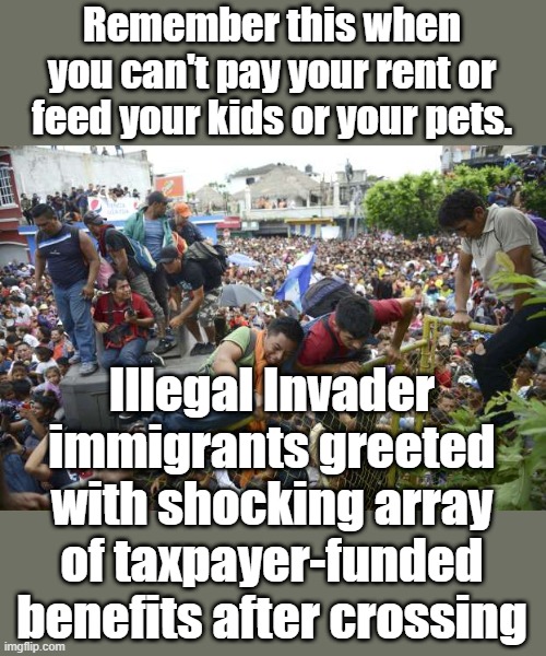 Remember this when you can't pay your rent or feed your kids or your pets. Illegal Invader immigrants greeted with shocking array of taxpayer-funded benefits after crossing | made w/ Imgflip meme maker