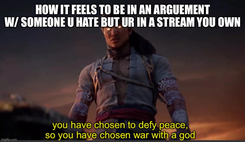 literally me | HOW IT FEELS TO BE IN AN ARGUEMENT W/ SOMEONE U HATE BUT UR IN A STREAM YOU OWN | image tagged in you have chosen to defy peace | made w/ Imgflip meme maker