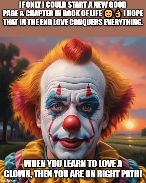Who loves a clown | IF ONLY I COULD START A NEW GOOD PAGE & CHAPTER IN BOOK OF LIFE 😊👌 I HOPE THAT IN THE END LOVE CONQUERS EVERYTHING. WHEN YOU LEARN TO LOVE A CLOWN, THEN YOU ARE ON RIGHT PATH! | image tagged in love,true love,change | made w/ Imgflip meme maker
