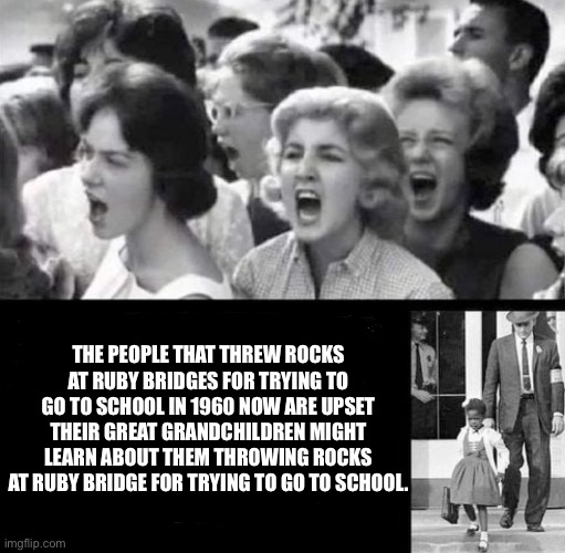 History | THE PEOPLE THAT THREW ROCKS AT RUBY BRIDGES FOR TRYING TO GO TO SCHOOL IN 1960 NOW ARE UPSET THEIR GREAT GRANDCHILDREN MIGHT LEARN ABOUT THEM THROWING ROCKS AT RUBY BRIDGE FOR TRYING TO GO TO SCHOOL. | image tagged in racism | made w/ Imgflip meme maker