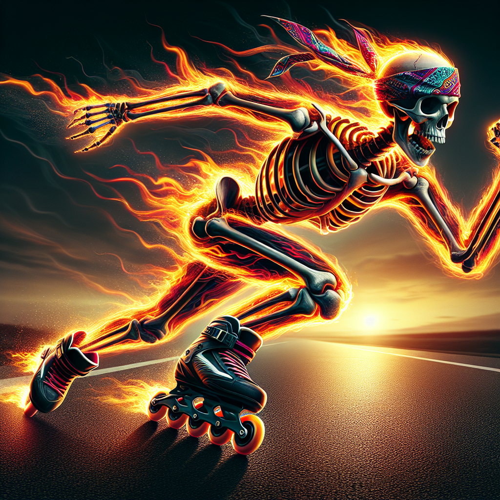 Badass skeleton with flames wearing a bandana while rollerbladin Blank Meme Template