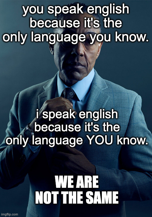 engrish hard | you speak english because it's the only language you know. i speak english because it's the only language YOU know. WE ARE NOT THE SAME | image tagged in gus fring we are not the same | made w/ Imgflip meme maker