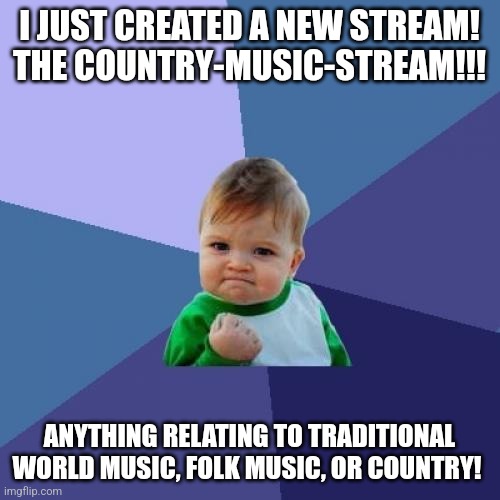 Anyone can post any of it! | I JUST CREATED A NEW STREAM! THE COUNTRY-MUSIC-STREAM!!! ANYTHING RELATING TO TRADITIONAL WORLD MUSIC, FOLK MUSIC, OR COUNTRY! | image tagged in memes,success kid | made w/ Imgflip meme maker