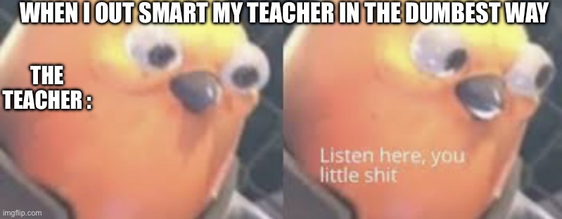 Listen here you little shit bird | WHEN I OUT SMART MY TEACHER IN THE DUMBEST WAY; THE TEACHER : | image tagged in listen here you little shit bird | made w/ Imgflip meme maker