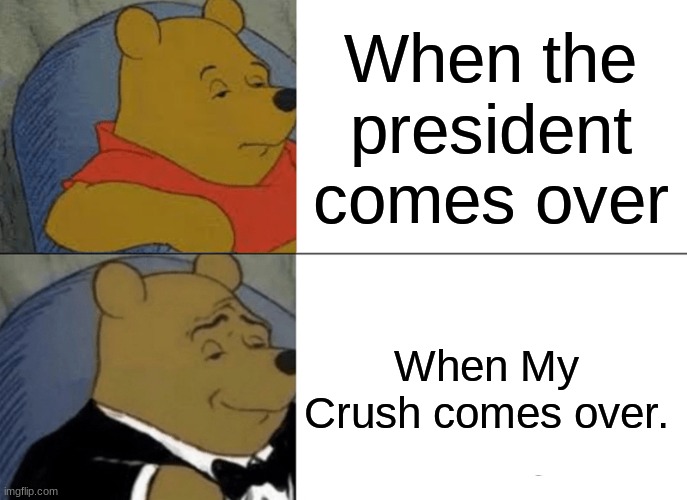 Tuxedo Winnie The Pooh | When the president comes over; When My Crush comes over. | image tagged in memes,tuxedo winnie the pooh | made w/ Imgflip meme maker