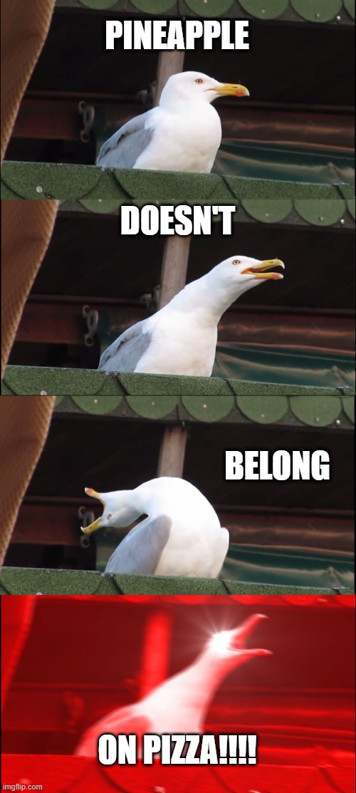 Inhaling Seagull Meme | PINEAPPLE; DOESN'T; BELONG; ON PIZZA!!!! | image tagged in memes,inhaling seagull | made w/ Imgflip meme maker