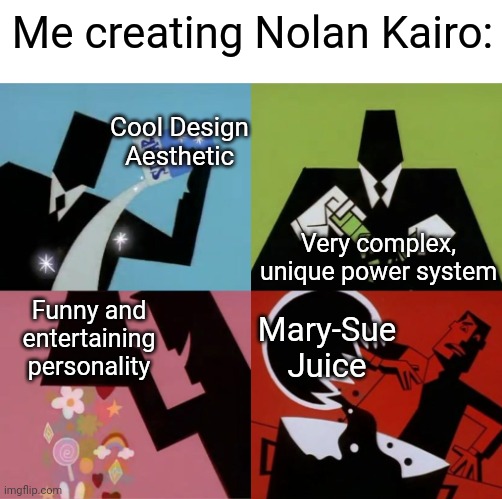 Whoopsies, me accidentally made an overpowered character with little to no flaws, weaknesses, or trauma :3 | Me creating Nolan Kairo:; Cool Design Aesthetic; Very complex, unique power system; Mary-Sue Juice; Funny and entertaining personality | image tagged in sugar spice and nice,nolan | made w/ Imgflip meme maker