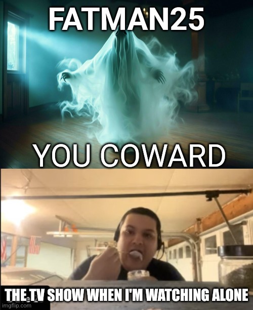 Dave25 | FATMAN25; YOU COWARD; THE TV SHOW WHEN I'M WATCHING ALONE | image tagged in meme | made w/ Imgflip meme maker