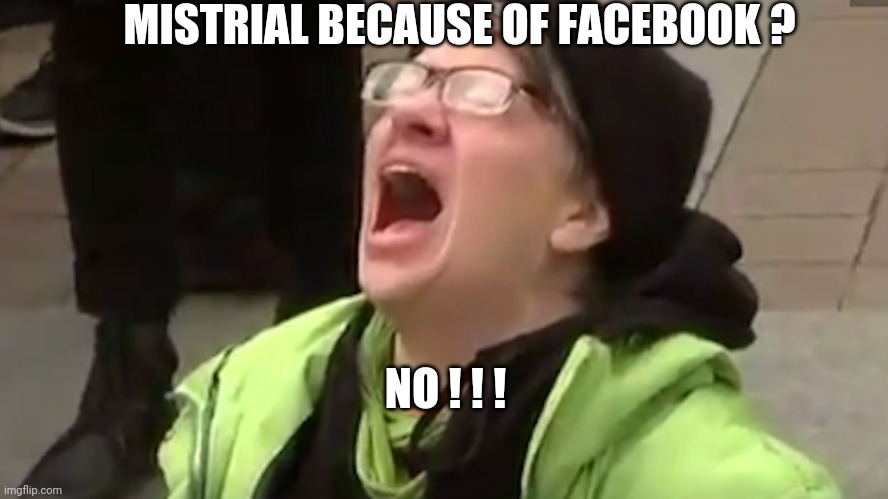 Screaming Liberal  | MISTRIAL BECAUSE OF FACEBOOK ? NO ! ! ! | image tagged in screaming liberal | made w/ Imgflip meme maker