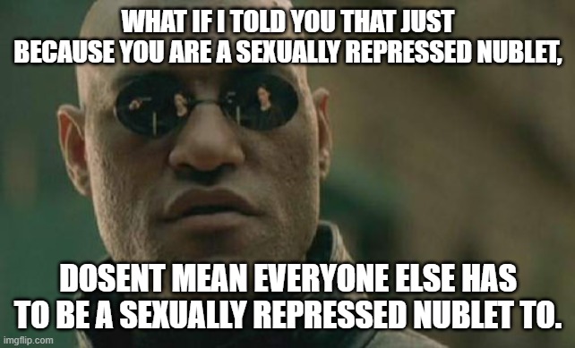 repression is oppression. | WHAT IF I TOLD YOU THAT JUST BECAUSE YOU ARE A SEXUALLY REPRESSED NUBLET, DOSENT MEAN EVERYONE ELSE HAS TO BE A SEXUALLY REPRESSED NUBLET TO. | image tagged in memes,matrix morpheus | made w/ Imgflip meme maker