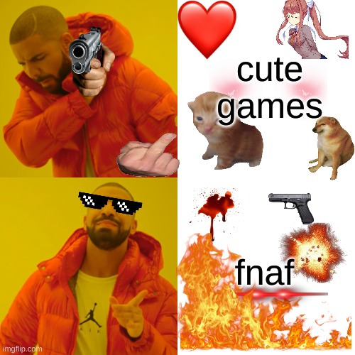 Drake Hotline Bling | cute games; fnaf | image tagged in memes,drake hotline bling | made w/ Imgflip meme maker