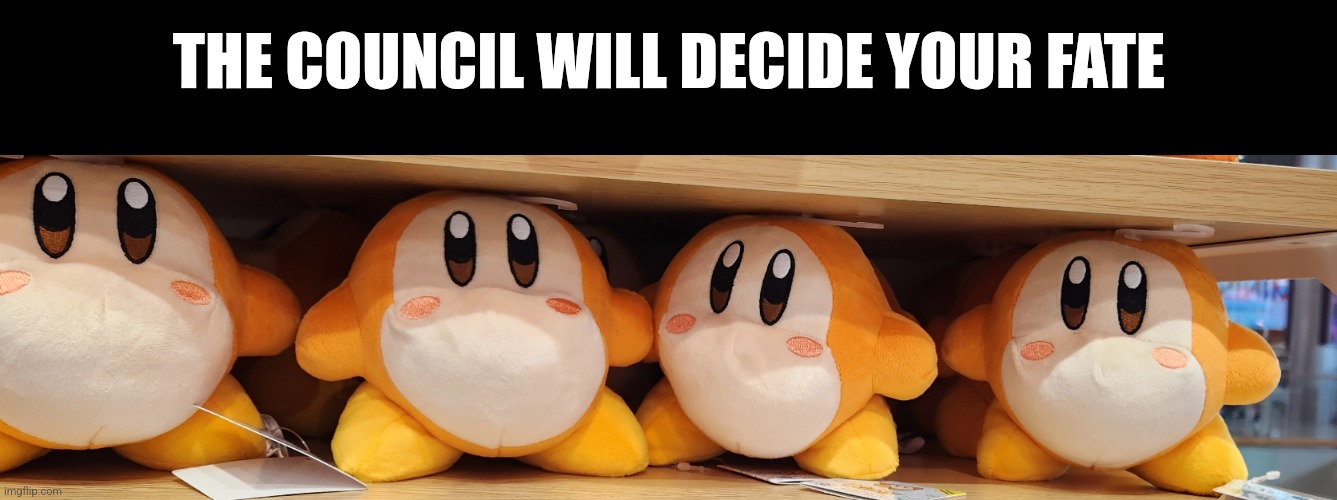 The council is here to judge you. | THE COUNCIL WILL DECIDE YOUR FATE | image tagged in kirby,waddle dee | made w/ Imgflip meme maker