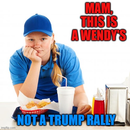Fast food girl | MAM, THIS IS A WENDY'S; NOT A TRUMP RALLY | image tagged in fast food girl | made w/ Imgflip meme maker