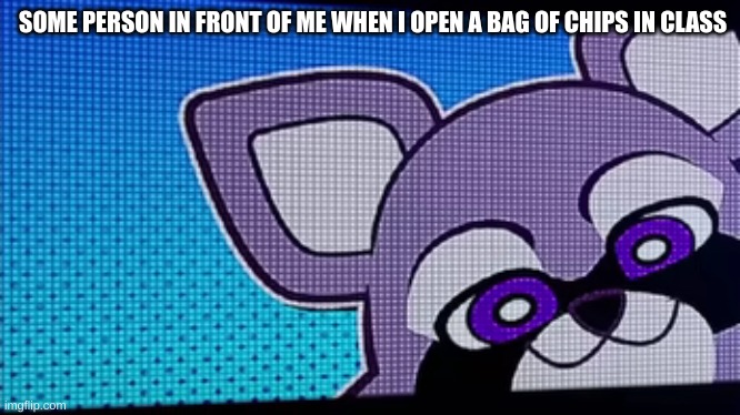 rambley raccoon | SOME PERSON IN FRONT OF ME WHEN I OPEN A BAG OF CHIPS IN CLASS | image tagged in rambley raccoon,indigopark,relatable,memes,funny,fyp | made w/ Imgflip meme maker