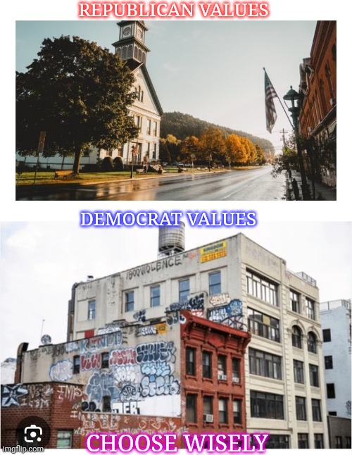 Which world do you want? | REPUBLICAN VALUES; DEMOCRAT VALUES; CHOOSE WISELY | image tagged in vote,republican party,president trump,live long and prosper | made w/ Imgflip meme maker
