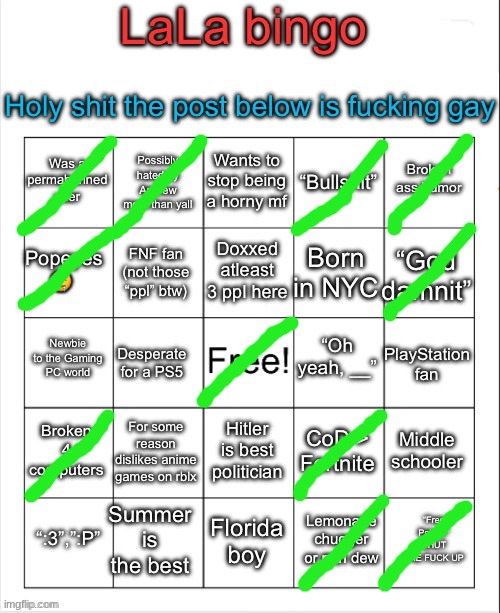 Lala this bingo is an L like "wants to stop being horny" like wtf is this shit | image tagged in lala bingo p | made w/ Imgflip meme maker