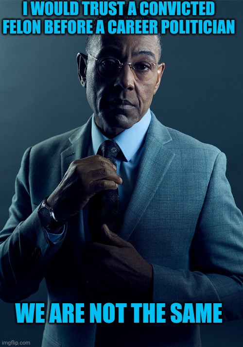 Gus Fring we are not the same | I WOULD TRUST A CONVICTED FELON BEFORE A CAREER POLITICIAN; WE ARE NOT THE SAME | image tagged in gus fring we are not the same | made w/ Imgflip meme maker