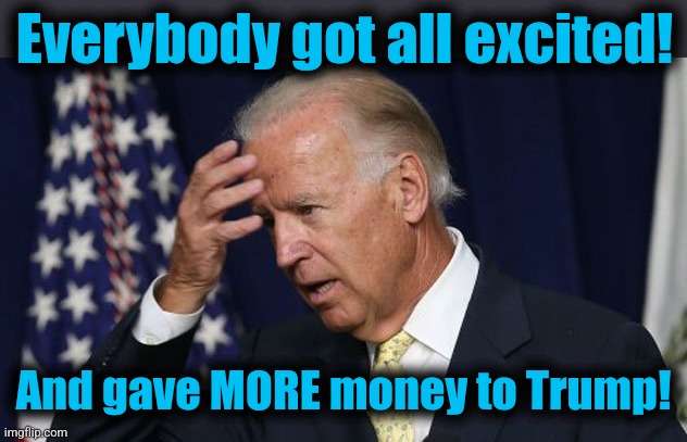 Joe Biden worries | Everybody got all excited! And gave MORE money to Trump! | image tagged in joe biden worries | made w/ Imgflip meme maker