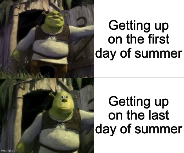 Shocked Shrek Face Swap | Getting up on the first day of summer; Getting up on the last day of summer | image tagged in funny,memes,relatable,summer,shrek,oh no | made w/ Imgflip meme maker