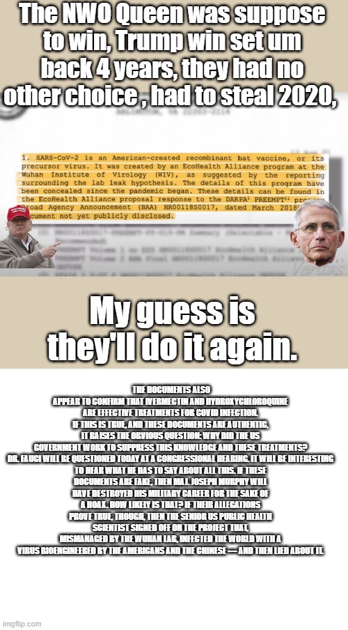 DARPA tested ivermetcin & hydroxy on the Bio weapon, ( The correct term for covid ) | The NWO Queen was suppose to win, Trump win set um back 4 years, they had no other choice , had to steal 2020, My guess is they'll do it again. THE DOCUMENTS ALSO APPEAR TO CONFIRM THAT IVERMECTIN AND HYDROXYCHLOROQUINE ARE EFFECTIVE TREATMENTS FOR COVID INFECTION. IF THIS IS TRUE, AND THESE DOCUMENTS ARE AUTHENTIC, IT RAISES THE OBVIOUS QUESTION: WHY DID THE US GOVERNMENT WORK TO SUPPRESS THIS KNOWLEDGE AND THESE TREATMENTS?

DR. FAUCI WILL BE QUESTIONED TODAY AT A CONGRESSIONAL HEARING. IT WILL BE INTERESTING TO HEAR WHAT HE HAS TO SAY ABOUT ALL THIS. IF THESE DOCUMENTS ARE FAKE, THEN MAJ. JOSEPH MURPHY WILL HAVE DESTROYED HIS MILITARY CAREER FOR THE SAKE OF A HOAX. HOW LIKELY IS THAT? IF THEIR ALLEGATIONS PROVE TRUE, THOUGH, THEN THE SENIOR US PUBLIC HEALTH SCIENTIST SIGNED OFF ON THE PROJECT THAT, MISMANAGED BY THE WUHAN LAB, INFECTED THE WORLD WITH A VIRUS BIOENGINEERED BY THE AMERICANS AND THE CHINESE — AND THEN LIED ABOUT IT. | image tagged in blank white template | made w/ Imgflip meme maker